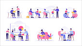 Business people working together character illustration set or collection. Businessman and businesswoman working, discussing and meeting in coworking place or office. Isolated vector illustration
