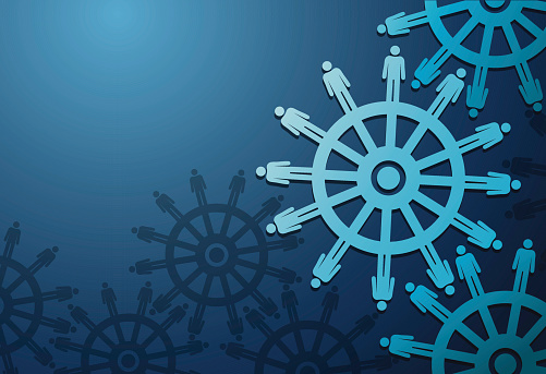 Business Peoples and cogwheels on blue background