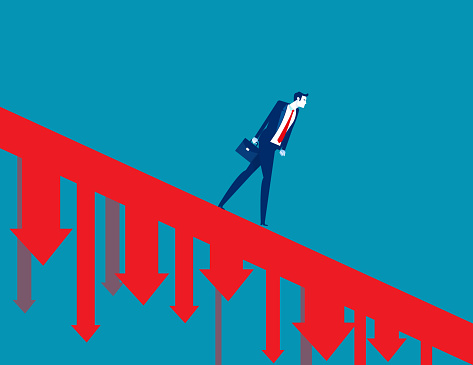 Business person walking down the falling arrow and recession