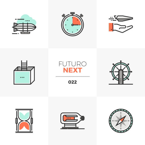 Business Perspectives Futuro Next Icons Semi-flat icons set of business perspectives and new horizons. Unique color flat graphics elements with stroke lines. Premium quality vector pictogram concept for web, icon, branding, infographics. outside the box stock illustrations