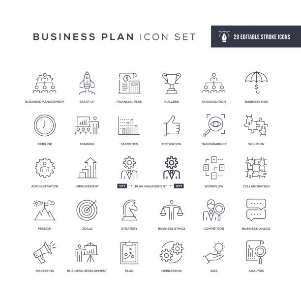 stockillustraties, clipart, cartoons en iconen met pictogrammen voor bewerkbare lijnvan bedrijfsplan - risk