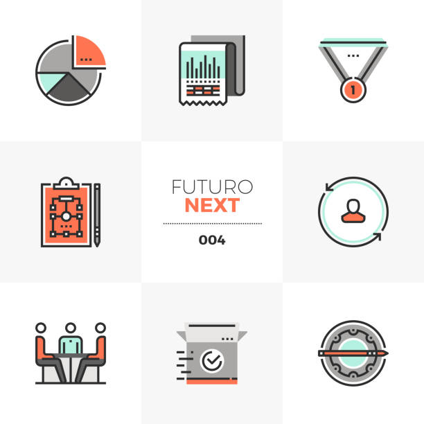 Business Plan Futuro Next Icons Semi-flat icons set of business plan, market operation strategy. Unique color flat graphics elements with stroke lines. Premium quality vector pictogram concept for web, symbol, branding, infographics. meeting drawings stock illustrations