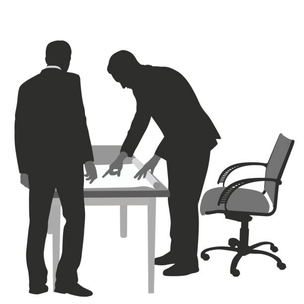 Business Plan Instructions Silhouette vector illustration of two business men looking at a spreadsheet on a desk data silhouettes stock illustrations