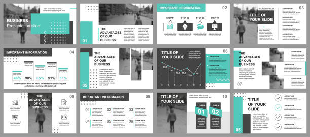 Business presentation slides templates from infographic elements Business presentation slides templates from infographic elements. Can be used for presentation template, flyer and leaflet, brochure, corporate report, marketing, advertising, annual report, banner. presentation stock illustrations