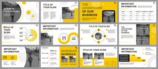 Business presentation slides templates from infographic elements Business presentation slides templates from infographic elements. Can be used for presentation template, flyer and leaflet, brochure, corporate report, marketing, advertising, annual report, banner. slide show stock illustrations