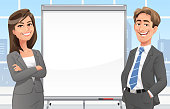 A businessman and a businesswoman giving a presentation at a blank whiteboard, ready for your text, in the office in front of a window. Concept for teamwork, success and presentation techniques.