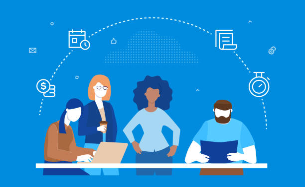 Business process - flat design style colorful illustration Business process - flat design style illustration on blue background. Colorful composition with international team, employees discussing a project at the desk, images of planner, timer, pile of coins businessman backgrounds stock illustrations