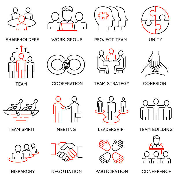 Business process, team work and human resource management icons Vector set of linear icons related to business process, team work and human resource management. Mono line pictograms and infographics design elements cultures stock illustrations
