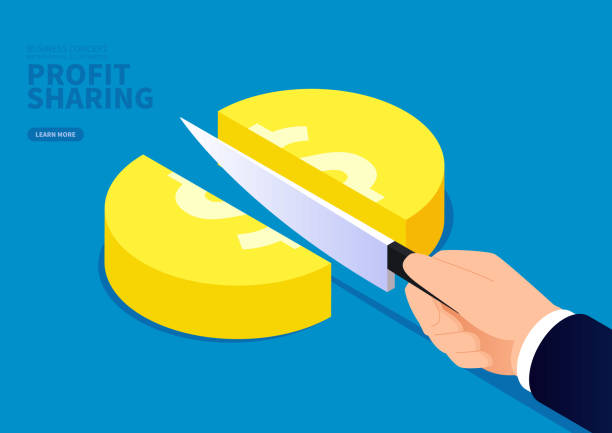 ilustrações de stock, clip art, desenhos animados e ícones de business profit sharing, hand holding a knife to cut gold coins - serving a slice of cake