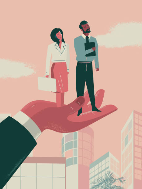 Business Promotion - business woman and Asian man being lifted by a large professional hand Vector illustration of a business women and business man looking up while standing in the palm of hands. Includes high resolution jpg and editable Illustrator eps 10. looking up stock illustrations