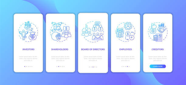 Business regulation onboarding mobile app page screen with concepts Business regulation onboarding mobile app page screen with concepts. Company management and members. Walkthrough 5 steps graphic instructions. UI vector template with RGB color illustrations board of directors stock illustrations