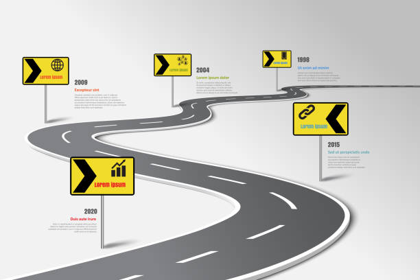 ilustrações de stock, clip art, desenhos animados e ícones de business road map timeline infographic template with pointers, vector illustration - estrada