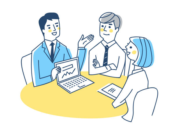 illustrations, cliparts, dessins animés et icônes de scène d’affaires 3 personnes réunion - réunion de travail