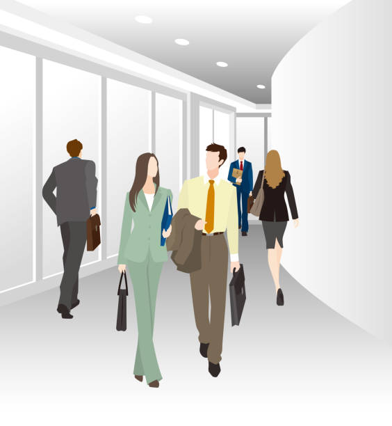 illustrazioni stock, clip art, cartoni animati e icone di tendenza di scena aziendale - corridoio ufficio