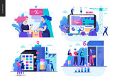 Business series set, color 1 -modern flat vector concept illustrated topics - where to buy - discount, collaboration - teamwork, product catalogue, partners. Creative landing web page design template