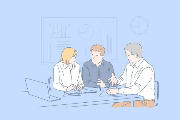 Business session, cooperation, teamwork concept Office meeting, business session, cooperation, teamwork concept. Planning work together, businesspeople, colleagues discussing question, coworkers making common decision. Simple flat vector board of directors stock illustrations