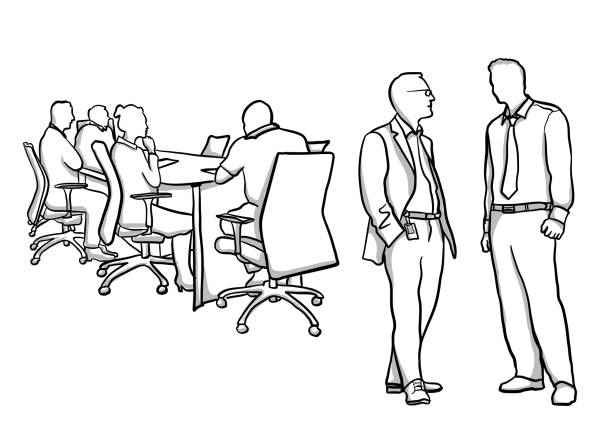 Business Shared Opinions A discussion taking place at a table whilst two colleagues chit chat meeting drawings stock illustrations