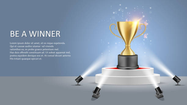 Business sport winner vector poster web banner template Business or sport competition winner poster web banner template. Vector illustration of white round podium with trophy award cup illuminated by floor spotlights. trophy award stock illustrations