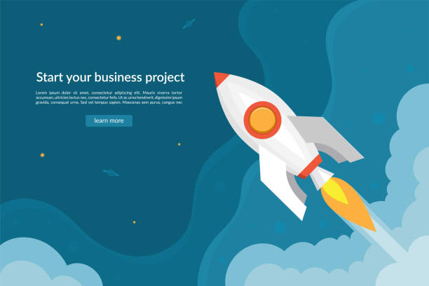 Business start up concept with launching rocket. Business start up concept with launching space rocket. Can be used as web banner, background, landing page. Vector illustration. Flat design style. missile stock illustrations