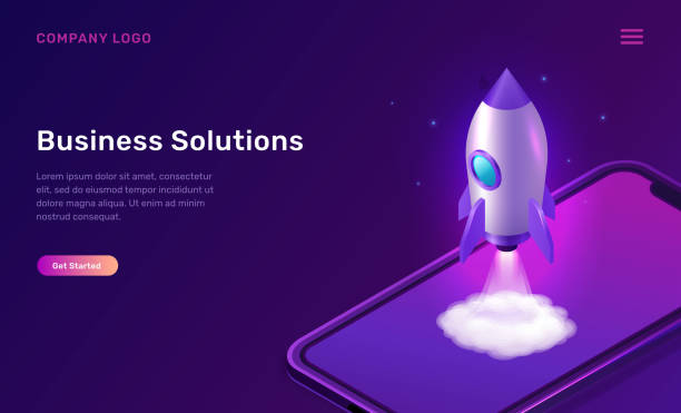 Business start up isometric concept with rocket Business start up isometric concept vector illustration. Rocket taking off with fire and smoke cloud, mobile phone on ultraviolet background. Spaceship launching purple web page rocketship backgrounds stock illustrations