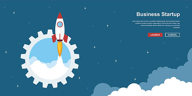 business startup banner Picture of rocket flying above clouds, business startup banner concept, flat style illustration adventure backgrounds stock illustrations
