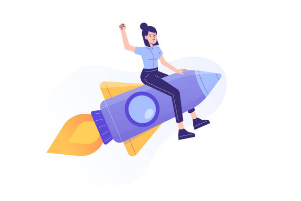 ilustrações de stock, clip art, desenhos animados e ícones de business startup concept. young business woman flying on a rocket up. startup your project. launching of a new company. boosting business idea. modern flat design. isolated vector illustration - boosting