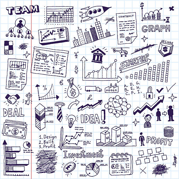 Business startup doodle sketch concept set 2. Business startup doodle sketch concept set 2. Hand drawn vector illustration. School notebook. finance drawings stock illustrations