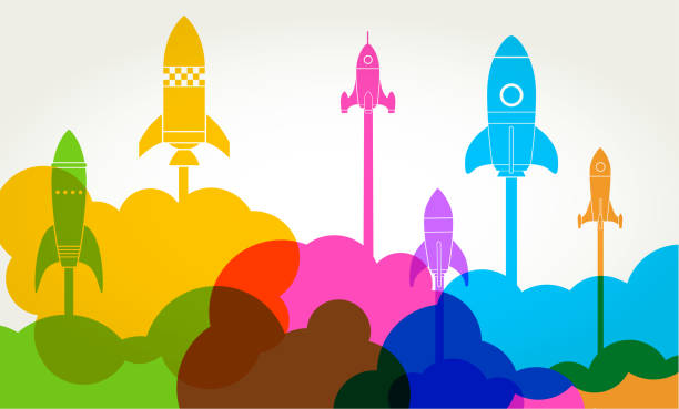 Business Startup Launch Rocket Colourful silhouettes of rockets to symbolise new business startup launch rocketship silhouettes stock illustrations