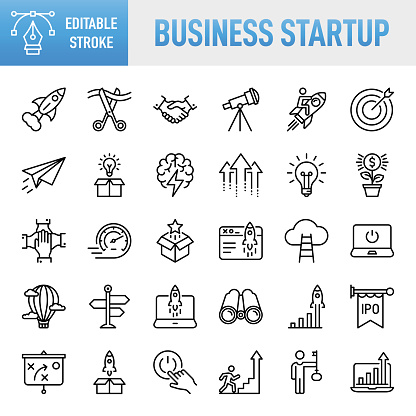Business Startup - Thin line vector icon set. 30 linear icon. Pixel perfect. Editable stroke. For Mobile and Web. The set contains icons: Startup, Launch Event, Beginnings, New Business, Motivation, Rocket, Opening, Handshake, Finance, Making Money, Investment