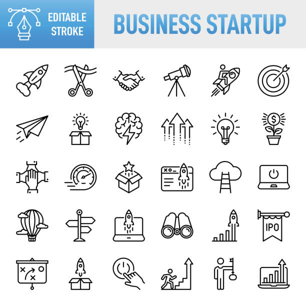 Business Startup - Thin line vector icon set. Pixel perfect. Editable stroke. For Mobile and Web. The set contains icons: Startup, Launch Event, Beginnings, New Business, Motivation, Rocket, Opening, Handshake, Finance, Making Money, Investment Business Startup - Thin line vector icon set. 30 linear icon. Pixel perfect. Editable stroke. For Mobile and Web. The set contains icons: Startup, Launch Event, Beginnings, New Business, Motivation, Rocket, Opening, Handshake, Finance, Making Money, Investment business stock illustrations