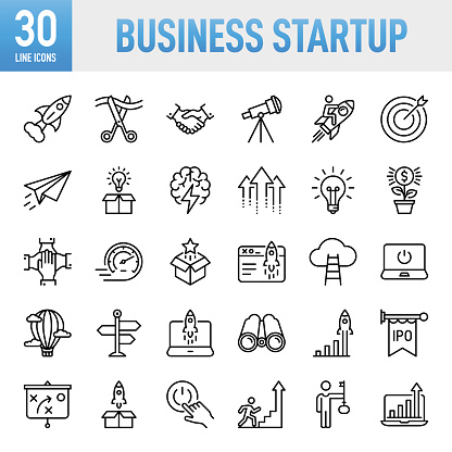 Business Startup Line Icons. Set of vector creativity icons. 64x64 Pixel Perfect. For Mobile and Web. Idea generation preparation inspiration influence originality, concentration challenge launch. Contains such icons as Startup, Launch Event, Beginnings, New Business, Motivation, Rocket, Opening, Handshake, Finance, Making Money, Investment