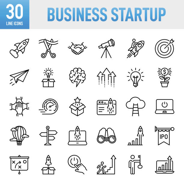 Business Startup - Thin line vector icon set. Pixel perfect. For Mobile and Web. The set contains icons: Startup, Launch Event, Beginnings, New Business, Motivation, Rocket, Opening, Handshake, Finance, Making Money, Investment Business Startup Line Icons. Set of vector creativity icons. 64x64 Pixel Perfect. For Mobile and Web. Idea generation preparation inspiration influence originality, concentration challenge launch. Contains such icons as Startup, Launch Event, Beginnings, New Business, Motivation, Rocket, Opening, Handshake, Finance, Making Money, Investment business stock illustrations