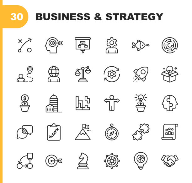 business strategy line icons. bearbeitbare stroke. pixel perfect. für mobile und web. enthält ikonen wie brainstorming, bussiness strategy, business consulting, kommunikation, corporate development. - strategie stock-grafiken, -clipart, -cartoons und -symbole