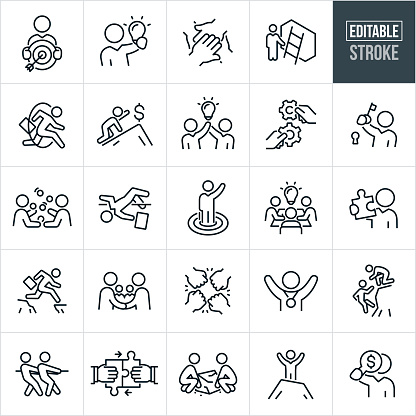 A set of business strategy icons that include editable strokes or outlines using the EPS vector file. The icons include a business person holding a target with arrow in bullseye, businessman holding up a lit lightbulb, group of hands huddled together, business person at ladder set against wall, businessman jumping through a hoop while holding briefcase, business person crawling up mountain reaching for dollar sign, two businesspeople holding a light bulb, hands holding machine cogs, business person holding up key to lock to represent solution to problem, two business people juggling together, businessman jumping pole of high jump, business person with arm raised standing on bullseye of target, business people at conference table with light bulb, businessman holding jigsaw puzzle piece, business person jumping cliff gap while holding briefcase, business people shaking hands, people fist bumping, business person with arms raised wearing a medal around neck, person assisting another person up cliff face, business people doing a tug of war, two jigsaw puzzle pieces being put together, two people lifting large boulder, business person with arms raised standing on top of mountain summit, and a business person with magnifying glass with dollar sign in lens.