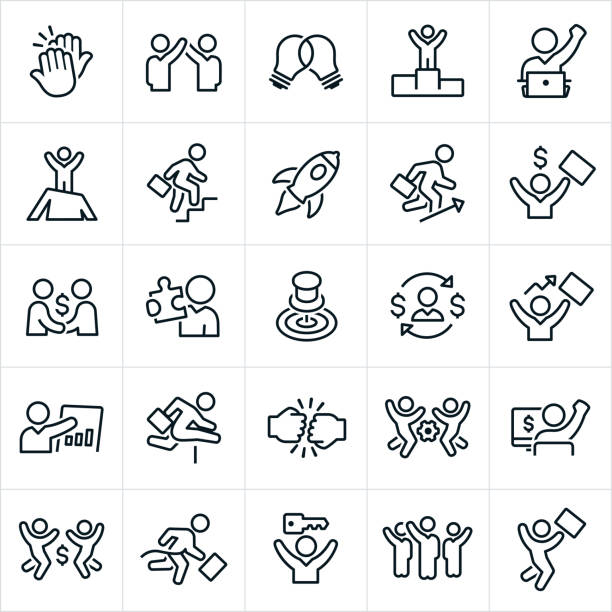Business Success Icons A set of business success icons in outlines. The icons include a high five, business person with arms raised, light bulb, businessman on top of a mountain, businessman climbing stairs, business person making a deal, fist bump, business person giving presentation, a business person winning a race and a business person holding the key to success just to name a few. rocketship symbols stock illustrations