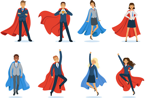 Business superheroes. Successful managers and bosses male and female professional vector characters in superhero cape