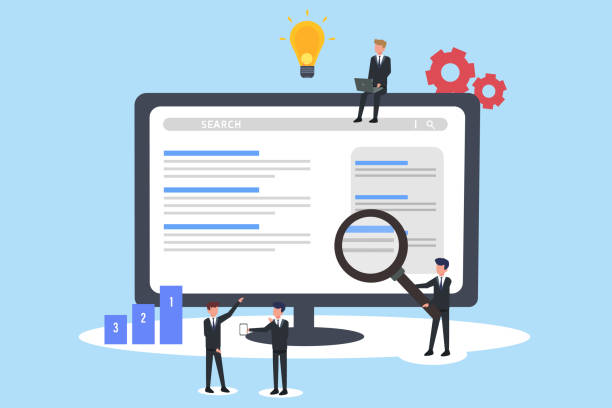 Business team analyzing website ranking for SEO SEO vector concept: Business team analyzing website ranking for search engine optimization searching stock illustrations