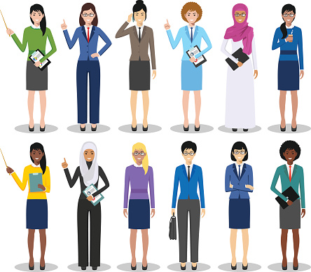 Business team and teamwork concept. Set of detailed illustration of businesswomen standing in different positions in flat style on white background. Diverse nationalities and dress styles. Vector illustration