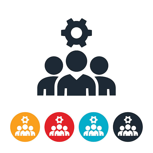Business Team Icon An icon of a business team with a cog above them. The icon symbolizes the production of a team of business people. three people stock illustrations