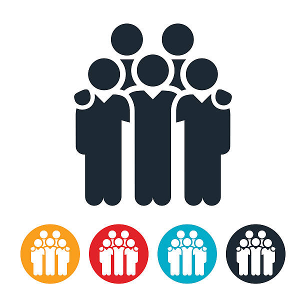 Business Team Icons An icon of a business team with arms around each others shoulders. The icons symbolizes unity between employees. five people stock illustrations