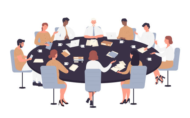 Business team managers meeting at round table vector art illustration
