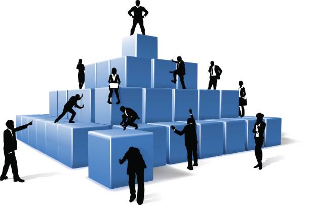 Business Team People Silhouettes Building Blocks A business team of people silhouettes working together using big building blocks to make a structure. Concept for teamwork organizational structure stock illustrations