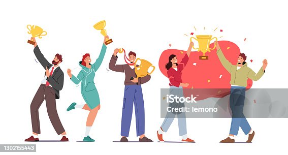 istock Business Team Project Success. Group of People Characters Holding Golden Goblet or Cups Celebrate Victory, Winners Prize 1302155443