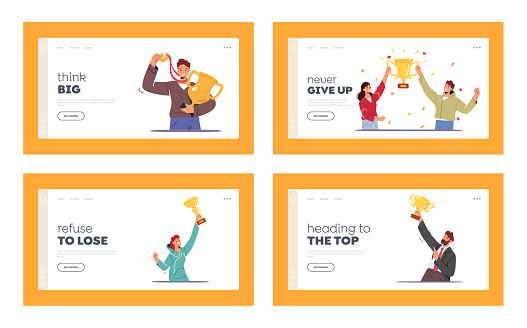 Business Team Project Success Landing Page Template Set. Characters Holding Golden Cups Celebrate Victory, Winners Prize and Award. Teamwork and Company Growth. Cartoon People Vector Illustration