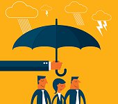Hand with umbrella protecting business People