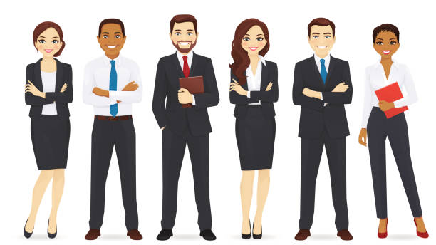 Business team set Group of business man and woman vector illustration set presentation speech backgrounds stock illustrations