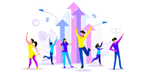 Business team success. Vector illustration of happy, jumping men and women in office outfits. Isolated, business people, managers team celebrating success vector art illustration