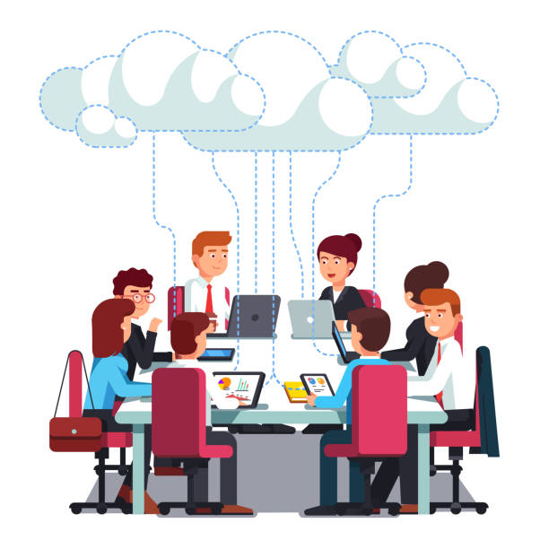 Business team working on IT startup business. Flat vector clipart illustration Business team working and talking together on IT startup business at big conference desk using wireless cloud computing service. Flat style vector illustration isolated on white background board of directors stock illustrations