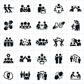 A set of business teamwork and partnership icons. The icons include several business people working together in partnership or as a team to accomplish an objective. They include a tug of war, partnership, handshake, high five, team awards, lifting a box, putting pieces of a puzzle together, climbing a mountain, juggling, climbing a ladder, fist bump and other related themes.