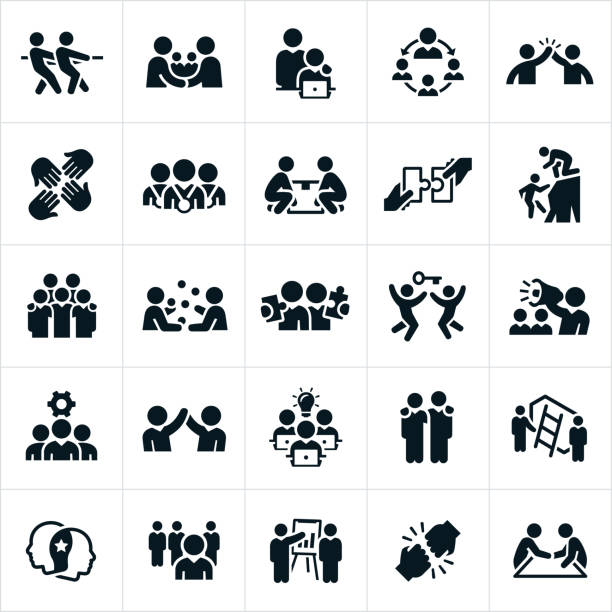 Business Teamwork and Partnership Icons A set of business teamwork and partnership icons. The icons include several business people working together in partnership or as a team to accomplish an objective. They include a tug of war, partnership, handshake, high five, team awards, lifting a box, putting pieces of a puzzle together, climbing a mountain, juggling, climbing a ladder, fist bump and other related themes. leisure activity stock illustrations